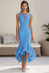 Meerjungfrauenblaues Asymmetrisches Abendkleid mit Rüschen